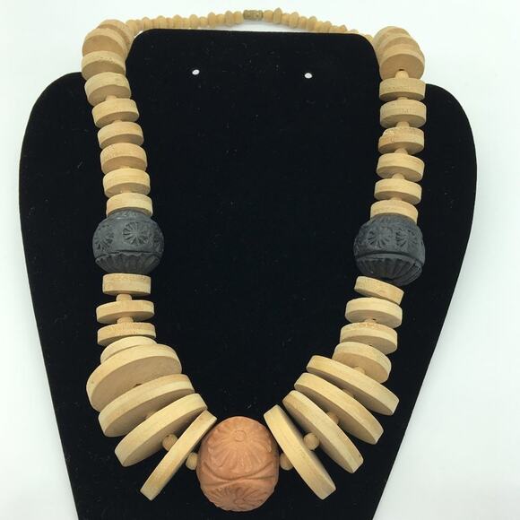 Chunky Red (Terra Cotta) & Black Clay & Wooden Disc Bead Statement Necklace - Picture 4 of 13